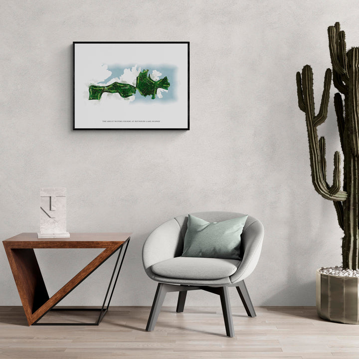 Classic Map of The Great Waters Course At Reynolds Lake Oconee in a living room with large cactus plant