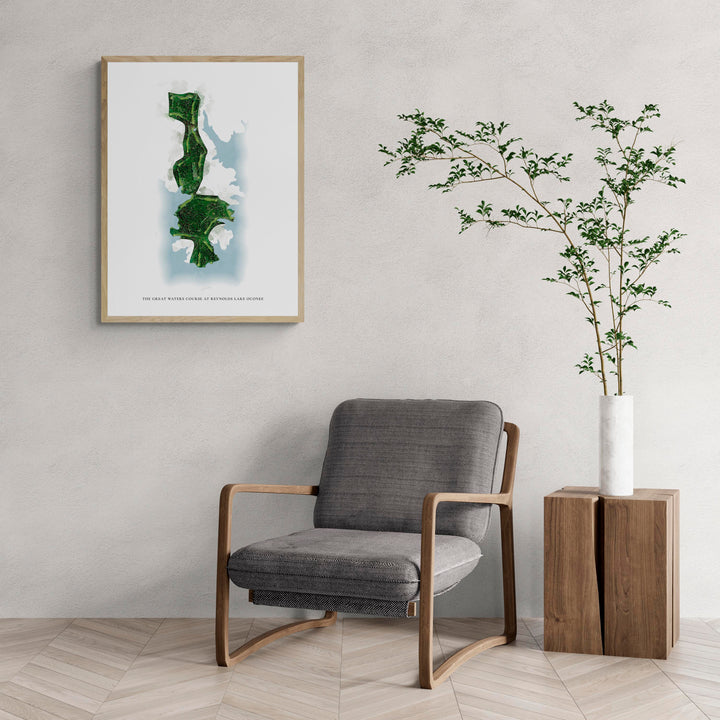 Classic Map of The Great Waters Course At Reynolds Lake Oconee with a comfy armchair and large plant