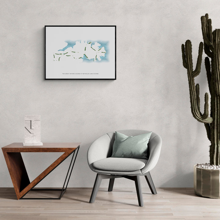 Modern Map of The Great Waters Course At Reynolds Lake Oconee in a living room with large cactus plant