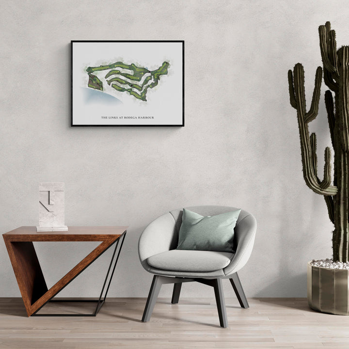 Classic Map of The Links At Bodega Harbour in a living room with large cactus plant