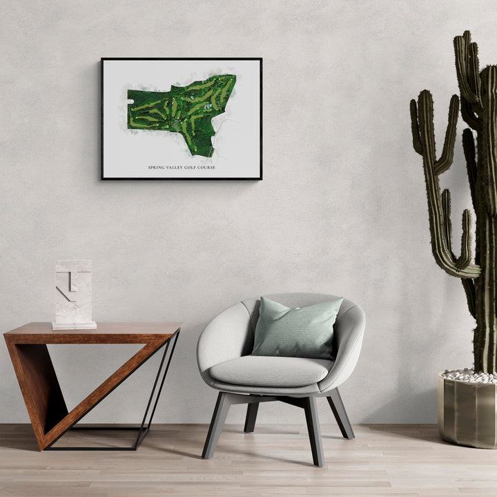 Classic Map of Spring Valley Golf Course in a living room with large cactus plant