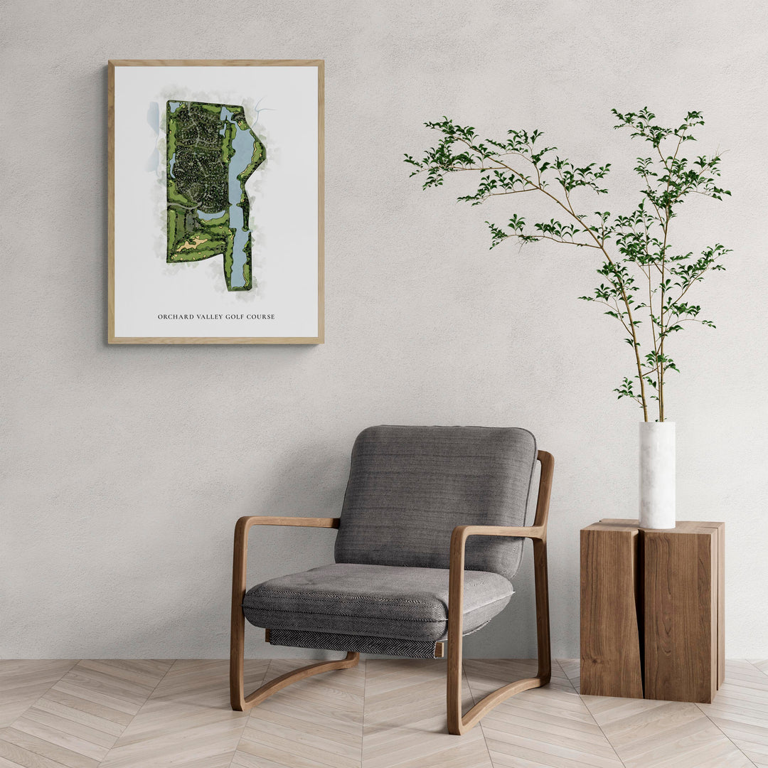 Classic Map of Orchard Valley Golf Course with a comfy armchair and large plant