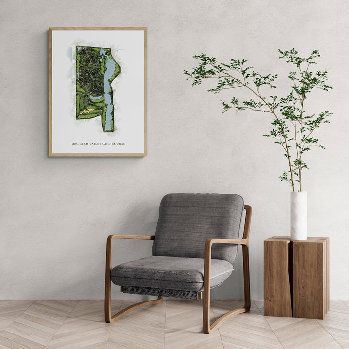 Classic Map of Orchard Valley Golf Course with a comfy armchair and large plant