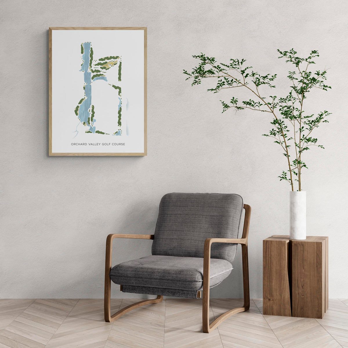 Modern Map of Orchard Valley Golf Course with a comfy armchair and large plant