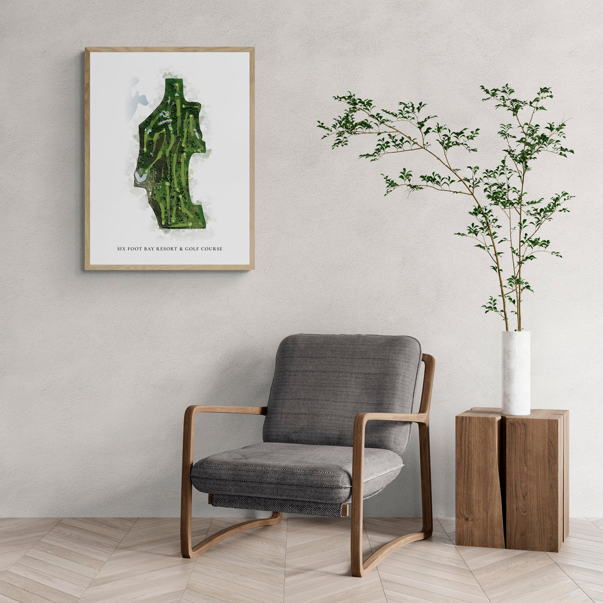 Classic Map of Six Foot Bay Resort & Golf Course with a comfy armchair and large plant