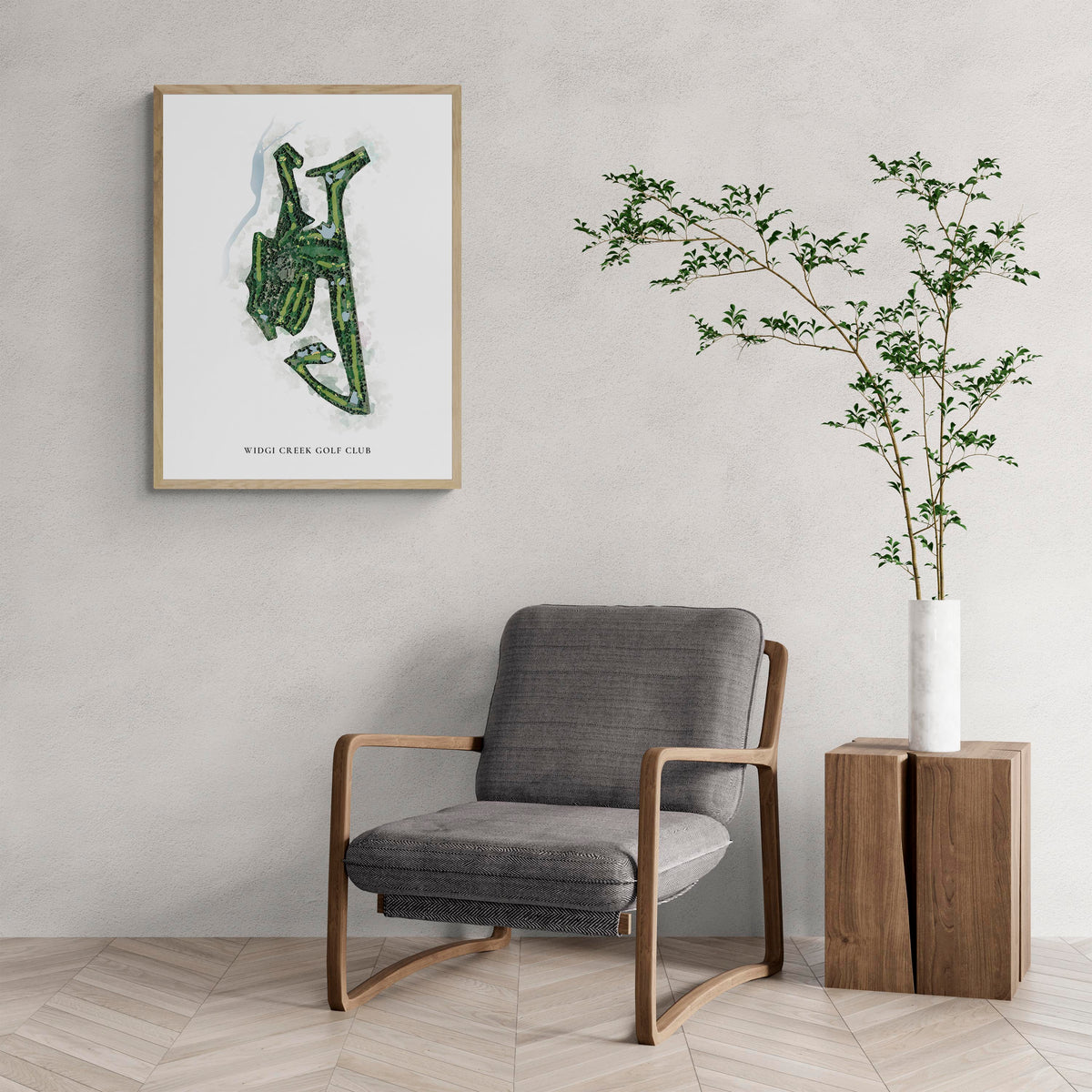 Classic Map of Widgi Creek Golf Club with a comfy armchair and large plant