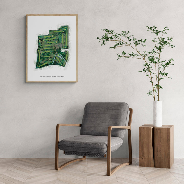 Classic Map of Cool Creek Golf Course with a comfy armchair and large plant