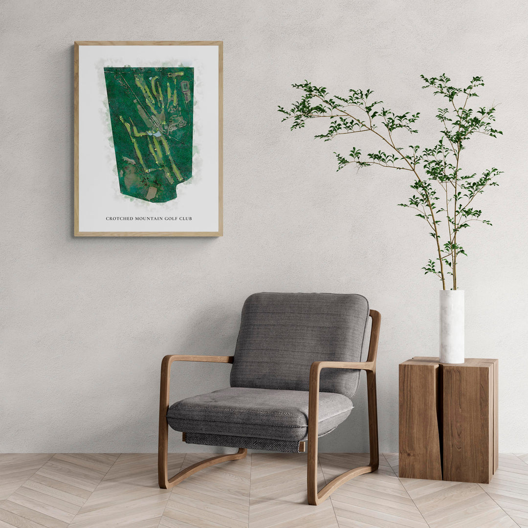 Classic Map of Crotched Mountain Golf Club with a comfy armchair and large plant
