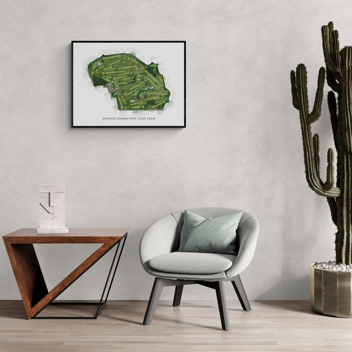 Classic Map of Dayton Community Golf Club in a living room with large cactus plant