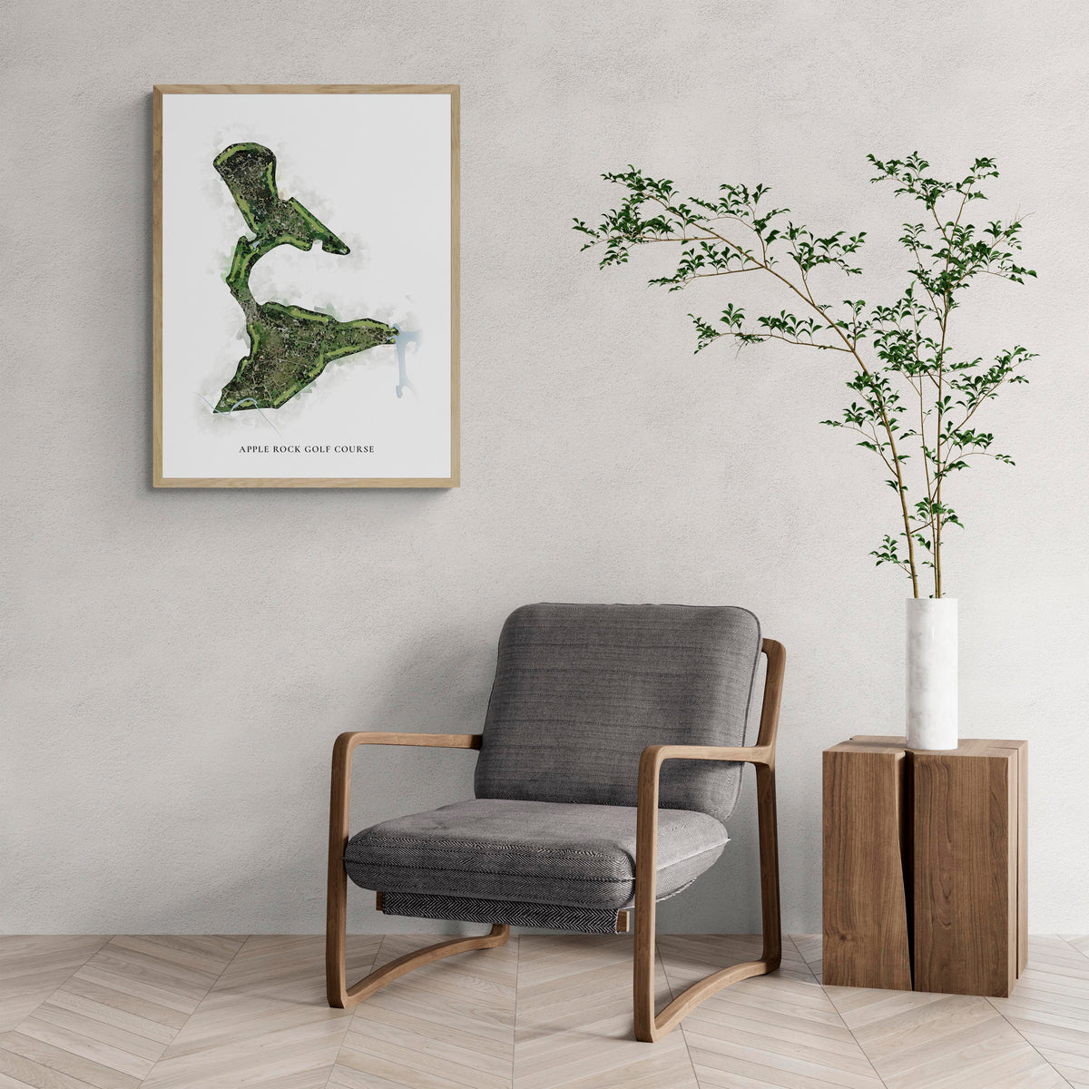 Classic Map of Apple Rock Golf Course with a comfy armchair and large plant