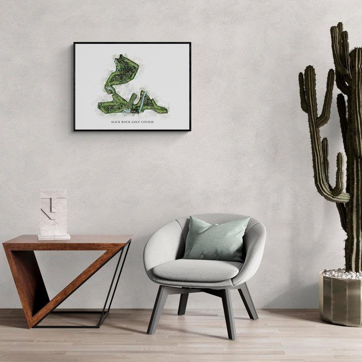 Classic Map of Slick Rock Golf Course in a living room with large cactus plant