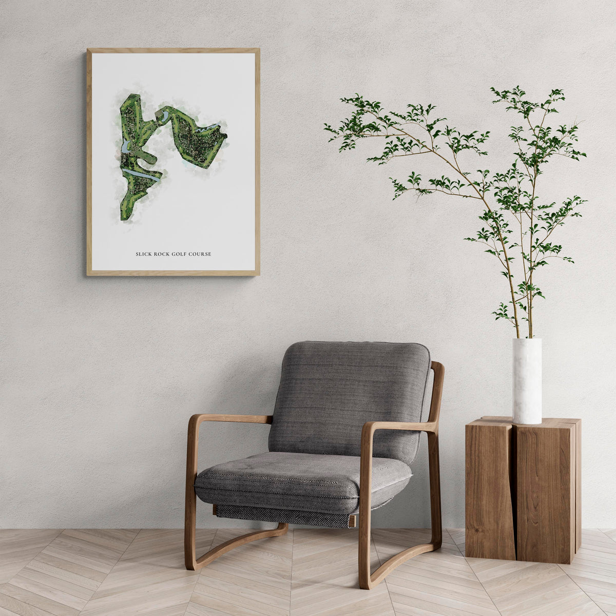 Classic Map of Slick Rock Golf Course with a comfy armchair and large plant