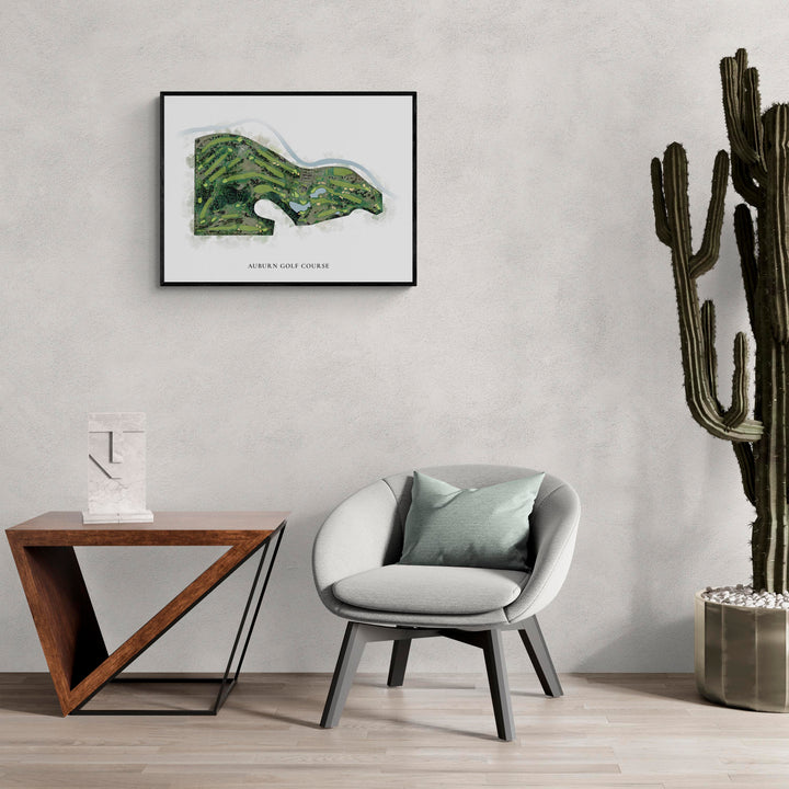 Classic Map of Auburn Golf Course in a living room with large cactus plant