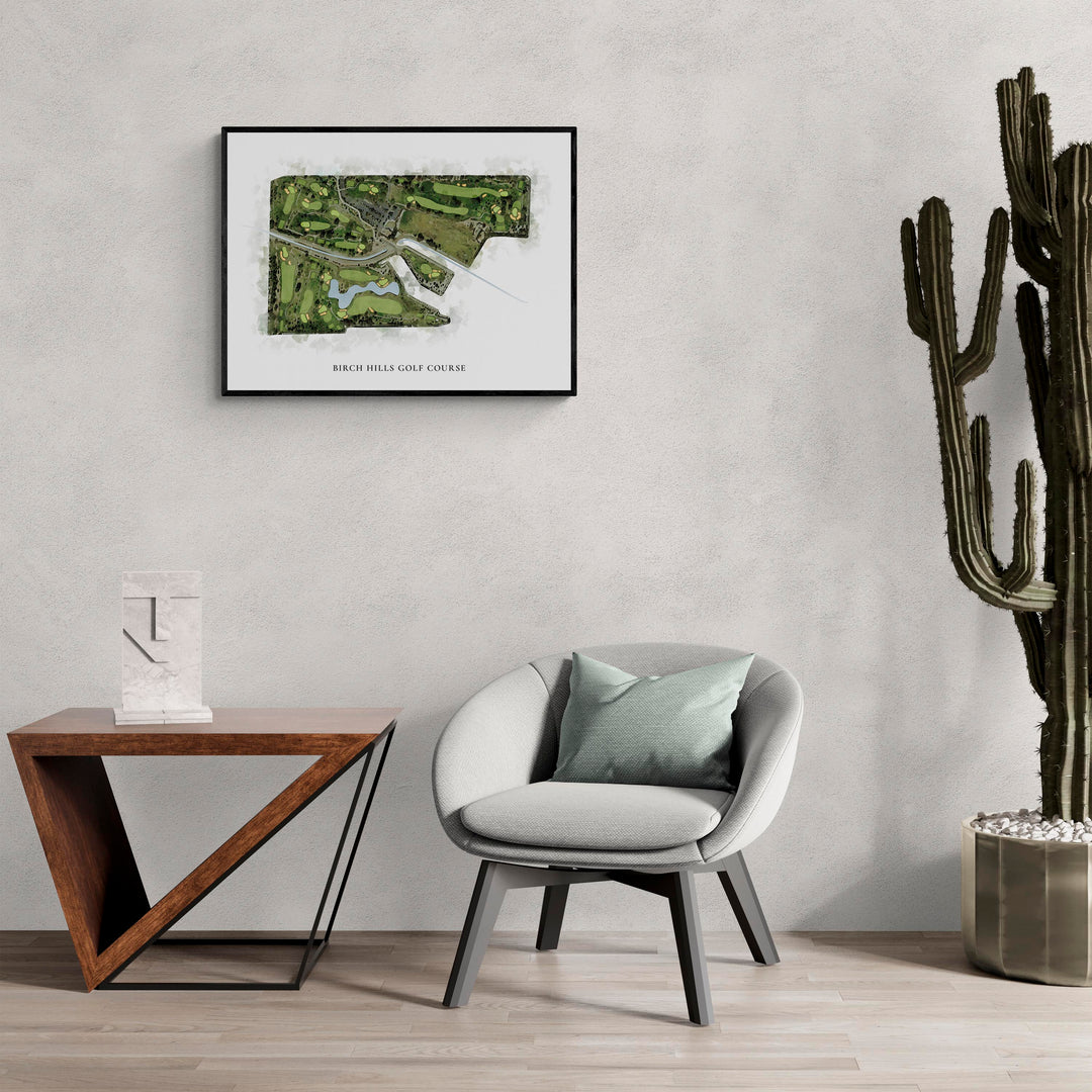 Classic Map of Birch Hills Golf Course in a living room with large cactus plant