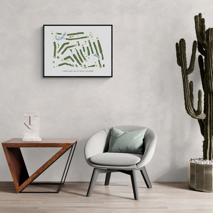Modern Map of Lakeland Hills Golf Course in a living room with large cactus plant