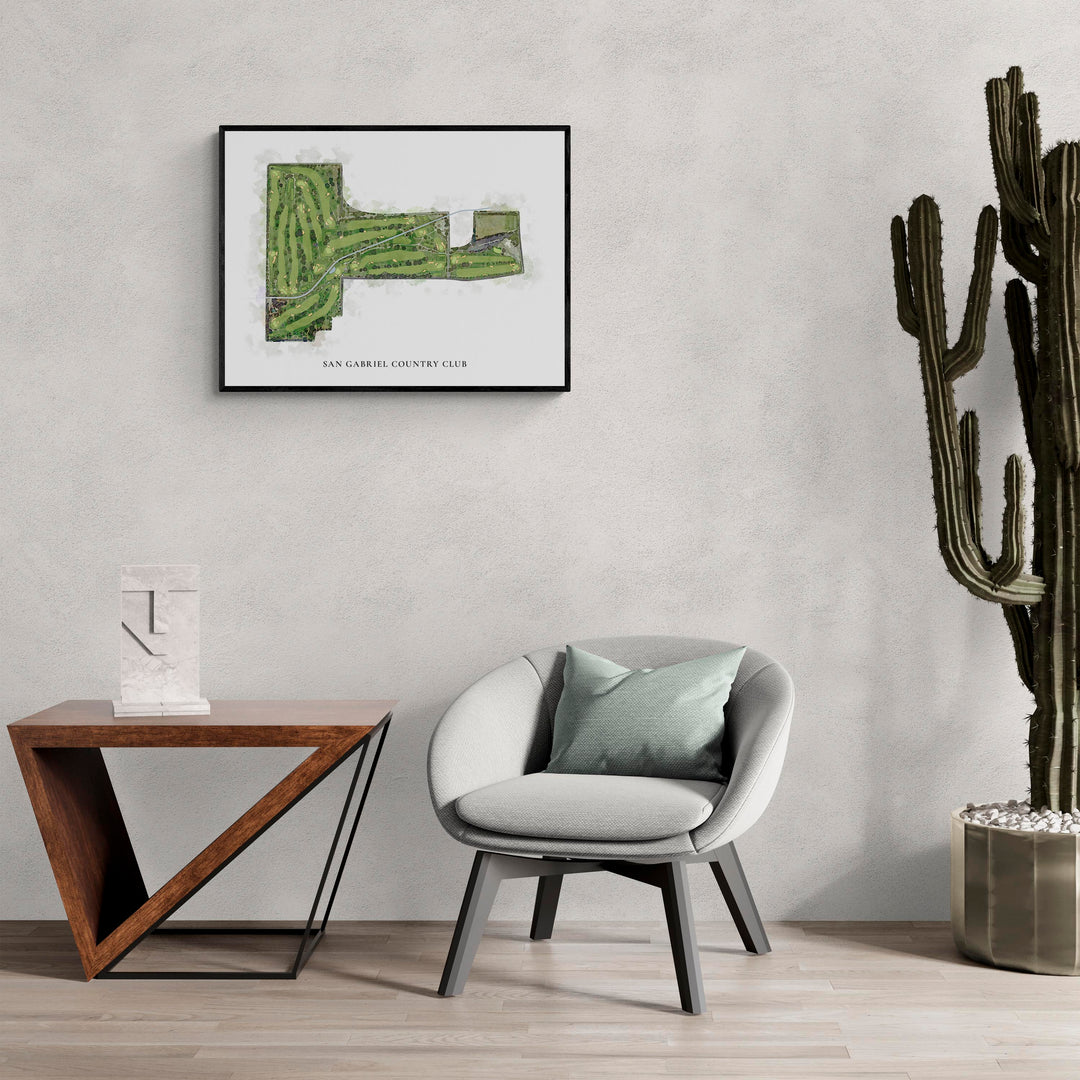 Classic Map of San Gabriel Country Club in a living room with large cactus plant