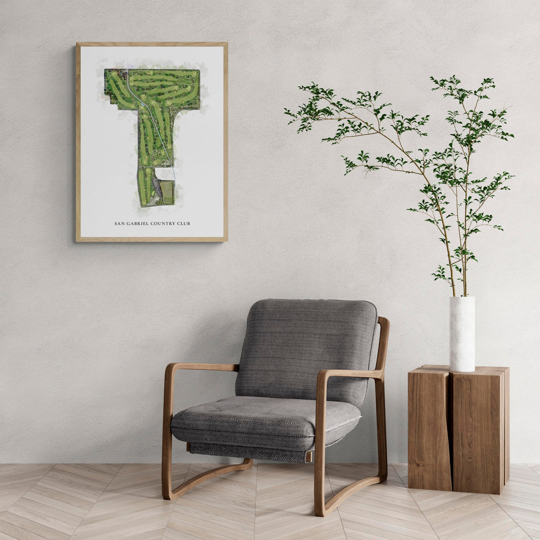 Classic Map of San Gabriel Country Club with a comfy armchair and large plant