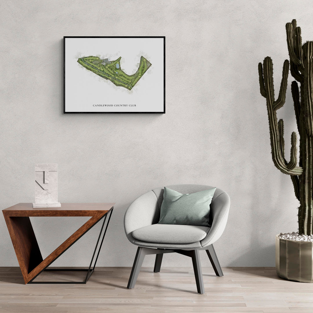 Classic Map of Candlewood Country Club in a living room with large cactus plant