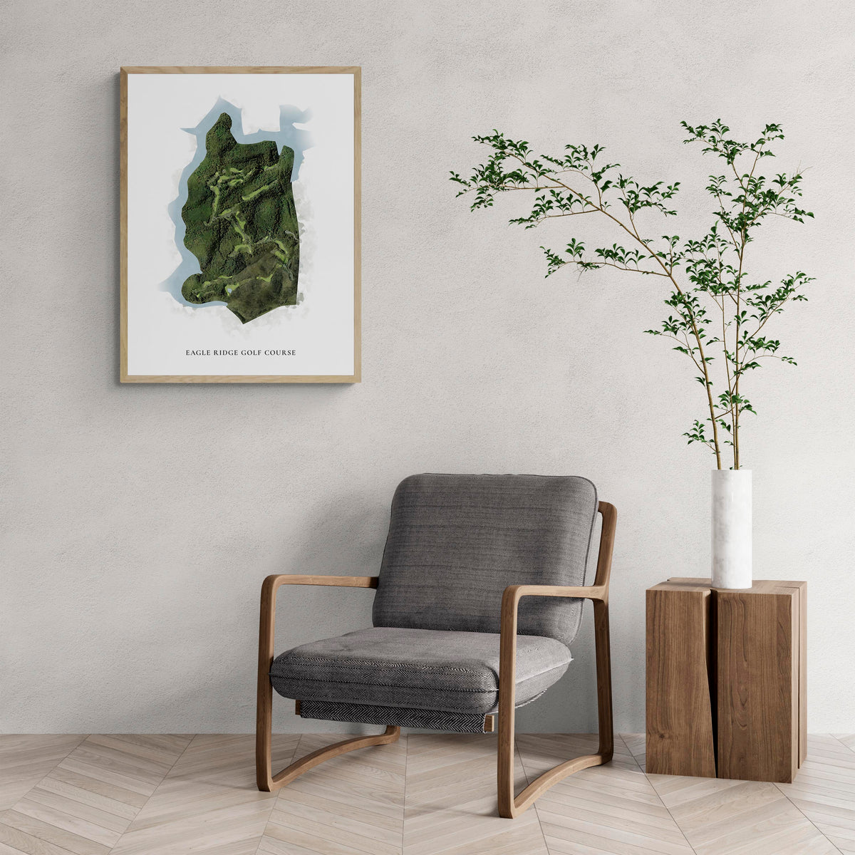 Classic Map of Eagle Ridge Golf Course with a comfy armchair and large plant