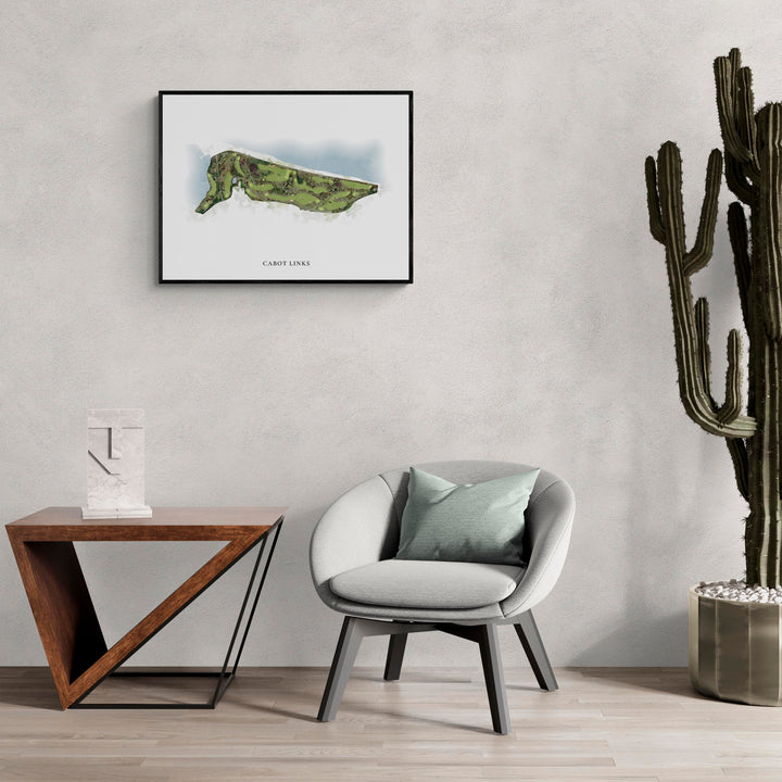 Classic Map of Cabot Links in a living room with large cactus plant