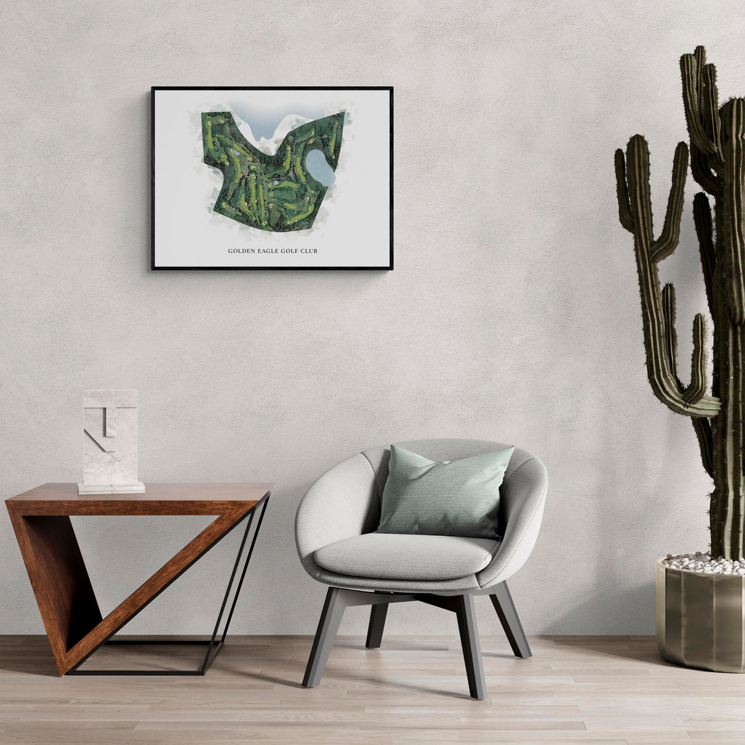 Classic Map of Golden Eagle Golf Club in a living room with large cactus plant