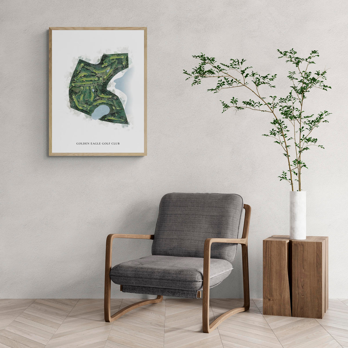 Classic Map of Golden Eagle Golf Club with a comfy armchair and large plant