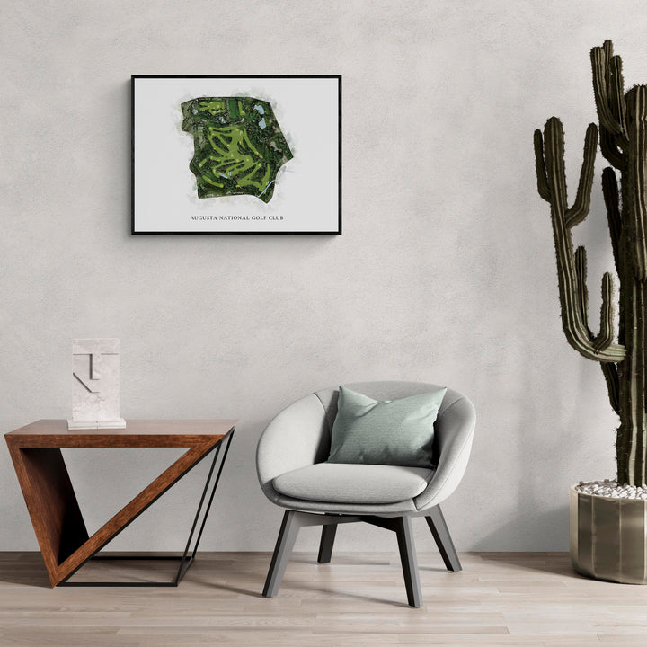 Classic Map of Augusta National Golf Club in a living room with large cactus plant