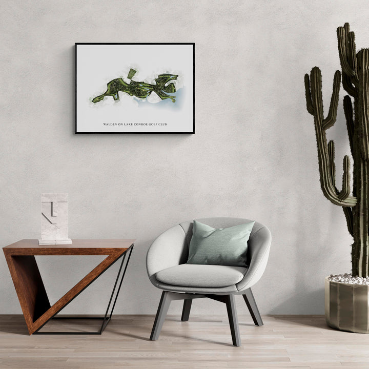Classic Map of Walden On Lake Conroe Golf Club in a living room with large cactus plant