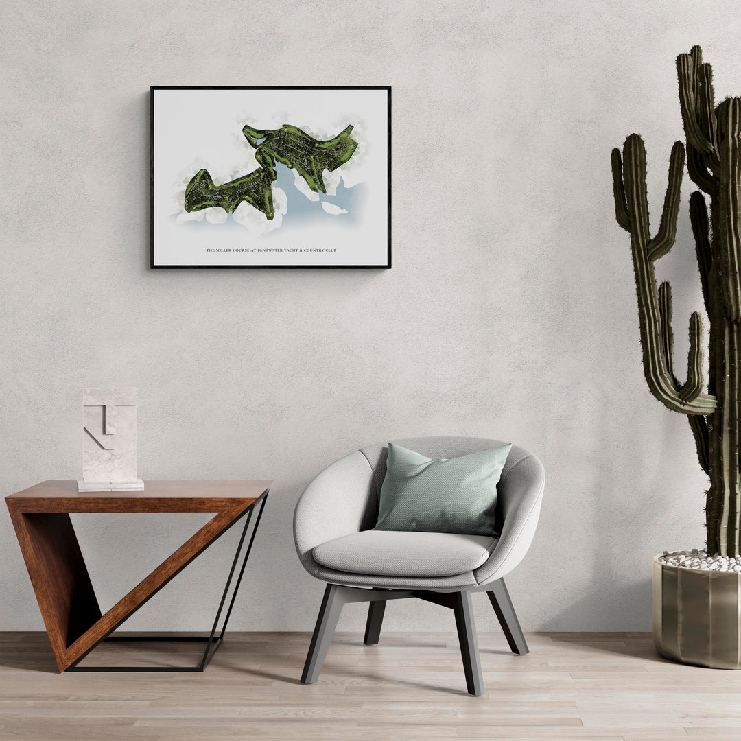 Classic Map of The Miller Course At Bentwater Yacht &amp; Country Club in a living room with large cactus plant