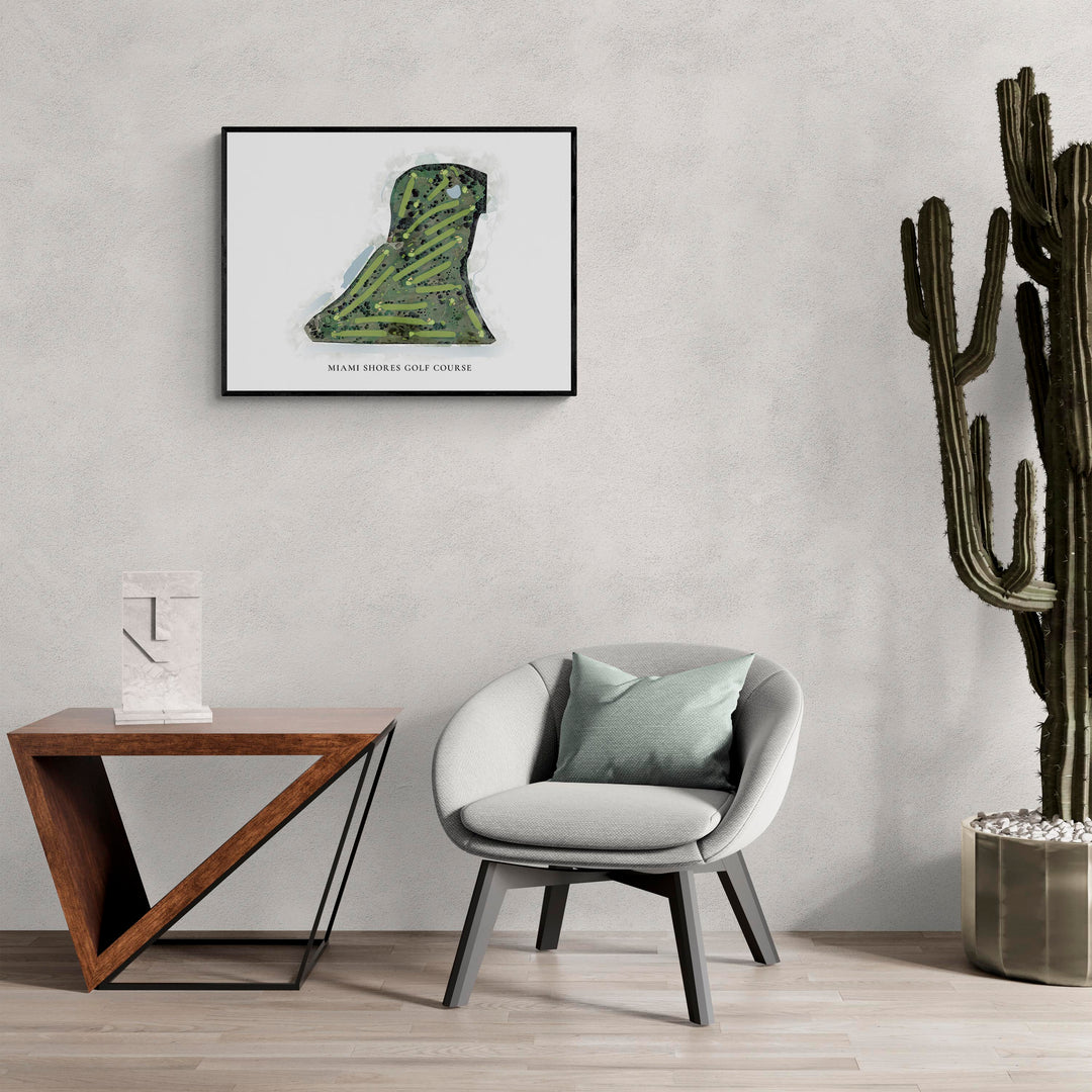 Classic Map of Miami Shores Golf Course in a living room with large cactus plant