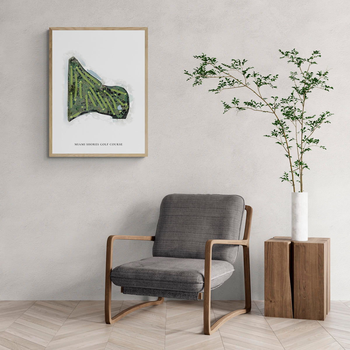 Classic Map of Miami Shores Golf Course with a comfy armchair and large plant