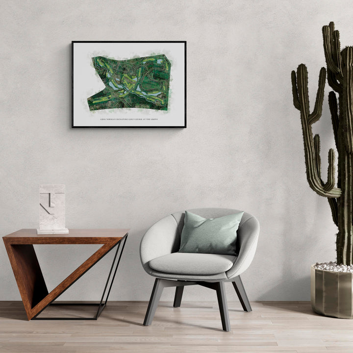 Classic Map of Greg Norman Signature Golf Course At The Grove in a living room with large cactus plant