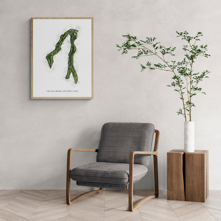 Classic Map of Crane Creek Country Club with a comfy armchair and large plant