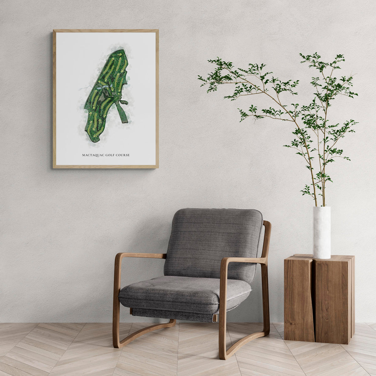 Classic Map of Mactaquac Golf Course with a comfy armchair and large plant
