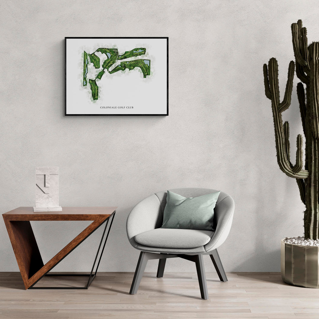 Classic Map of Coloniale Golf Club in a living room with large cactus plant