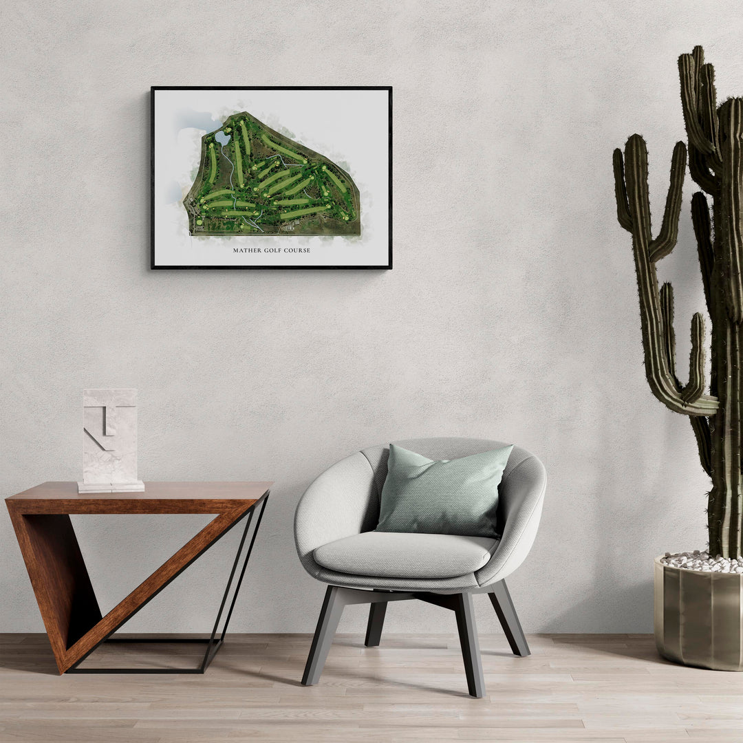 Classic Map of Mather Golf Course in a living room with large cactus plant