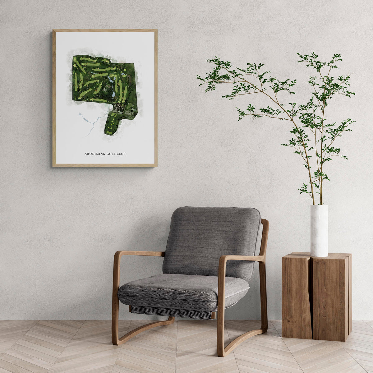 Classic Map of Aronimink Golf Club with a comfy armchair and large plant