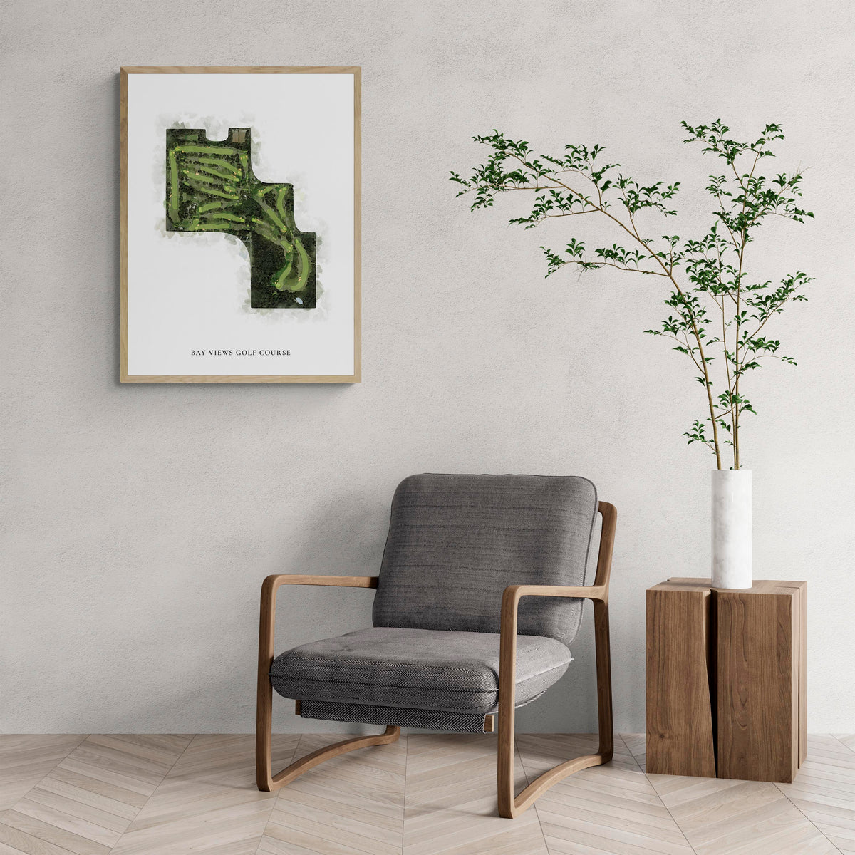 Classic Map of Bay Views Golf Course with a comfy armchair and large plant