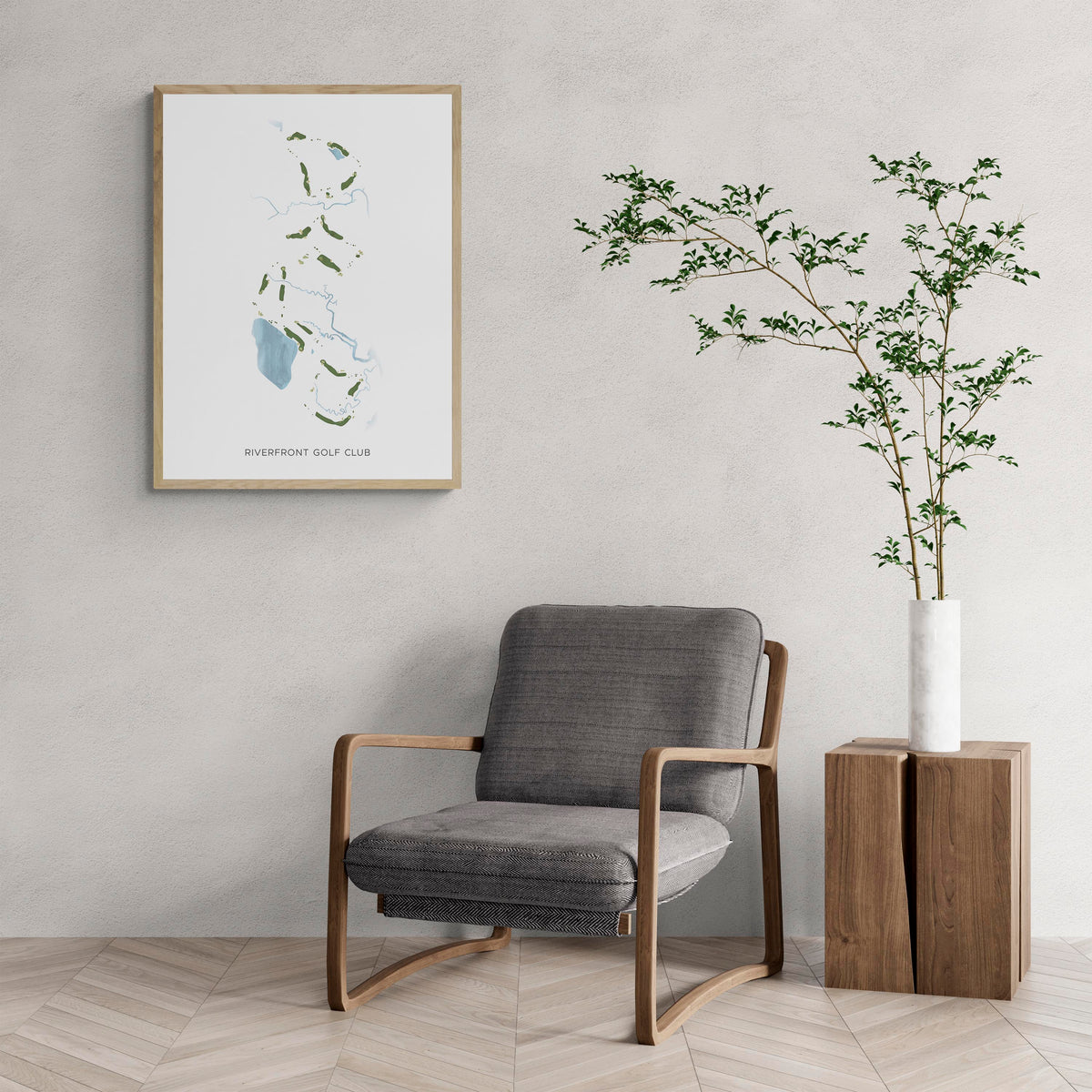 Modern Map of Riverfront Golf Club with a comfy armchair and large plant