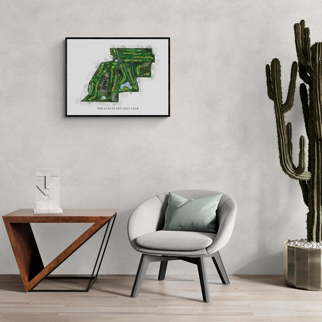 Classic Map of The Sanctuary Golf Club in a living room with large cactus plant