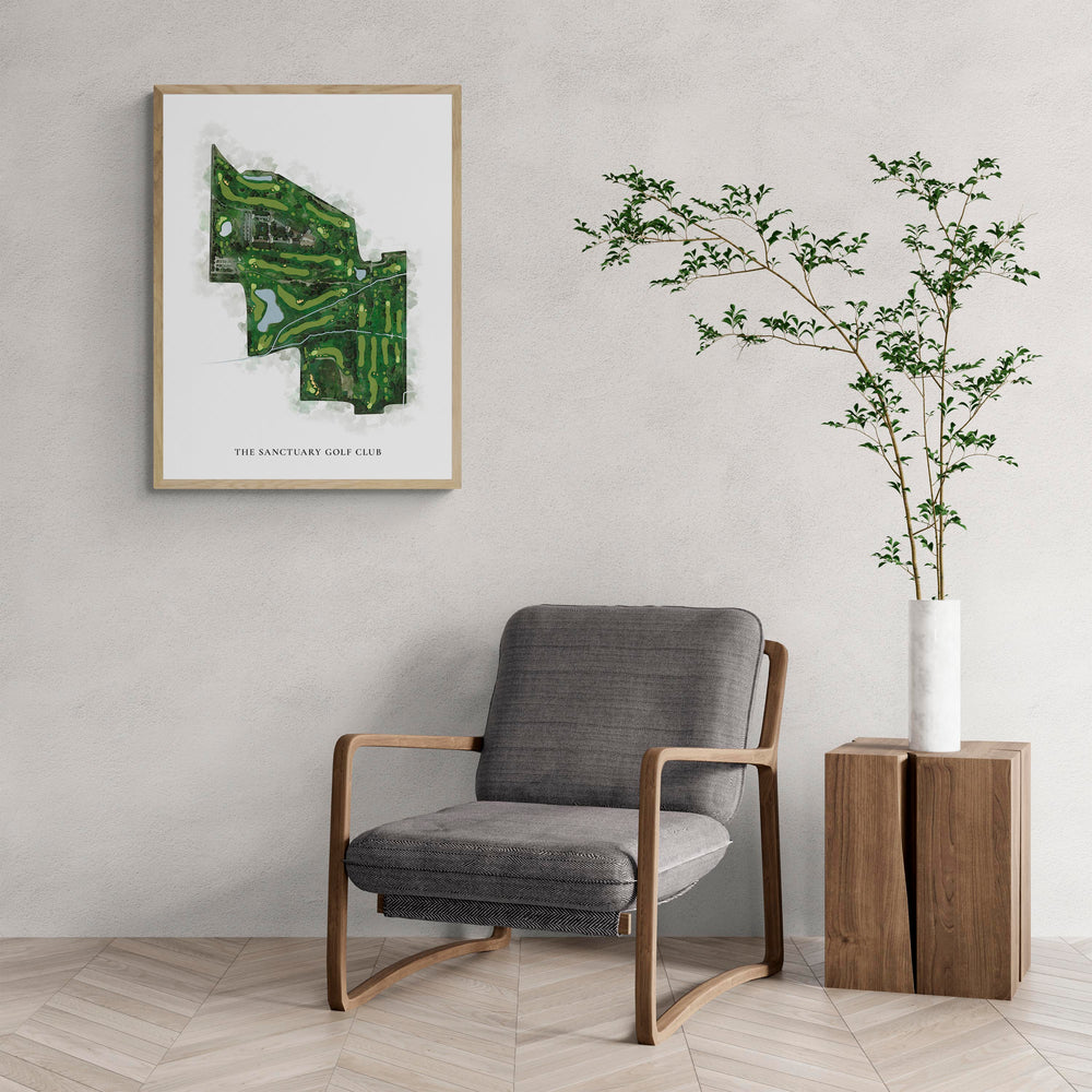 Classic Map of The Sanctuary Golf Club with a comfy armchair and large plant