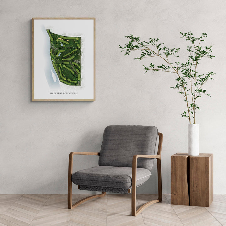 Classic Map of River Bend Golf Course with a comfy armchair and large plant
