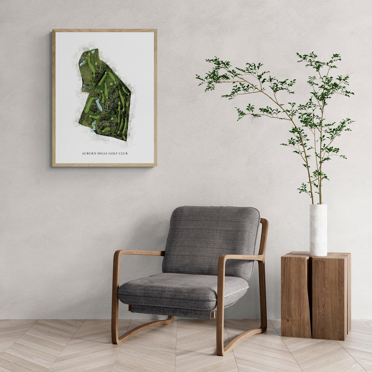 Classic Map of Auburn Hills Golf Club with a comfy armchair and large plant