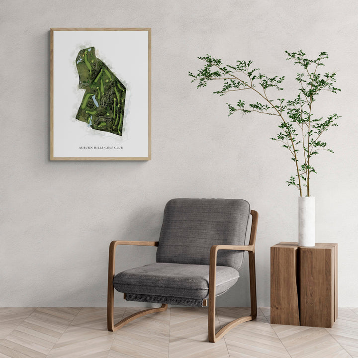 Classic Map of Auburn Hills Golf Club with a comfy armchair and large plant