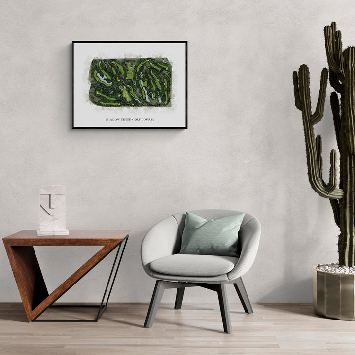 Classic Map of Shadow Creek Golf Course in a living room with large cactus plant