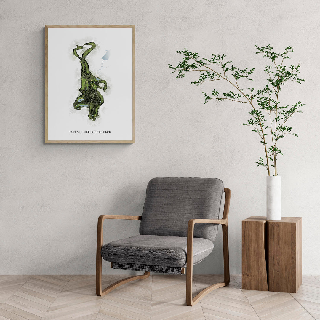Classic Map of Buffalo Creek Golf Club with a comfy armchair and large plant