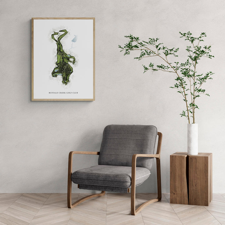 Classic Map of Buffalo Creek Golf Club with a comfy armchair and large plant