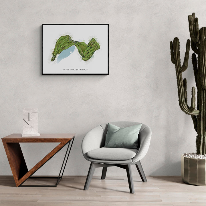 Classic Map of Green Hill Golf Course in a living room with large cactus plant
