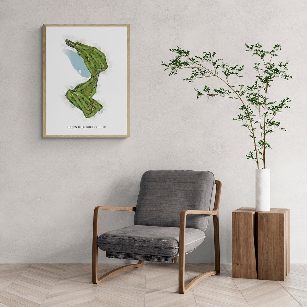 Classic Map of Green Hill Golf Course with a comfy armchair and large plant