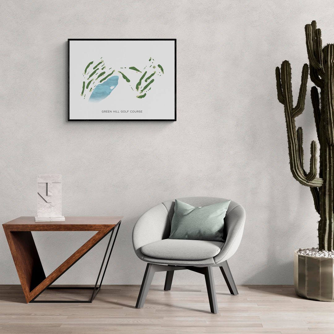 Modern Map of Green Hill Golf Course in a living room with large cactus plant